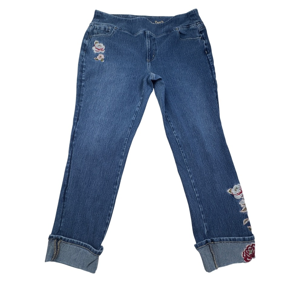 Belle by Kim Gravel Floral Embroidered Pull On Jeans Medium Wash Blue 20W